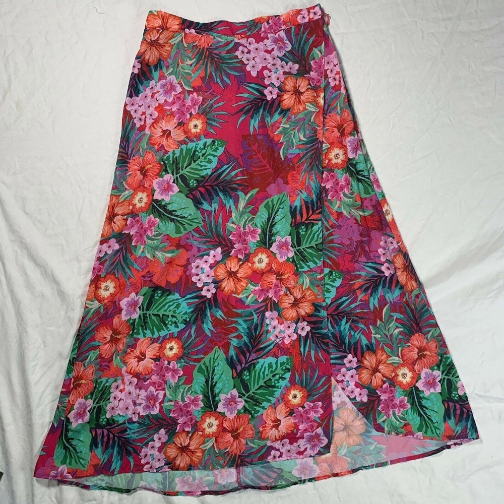 Show Me Your Mumu Pink Aloha Flirt Skirt Faux Wrap Midi Tropical Small - Picture 2 of 8